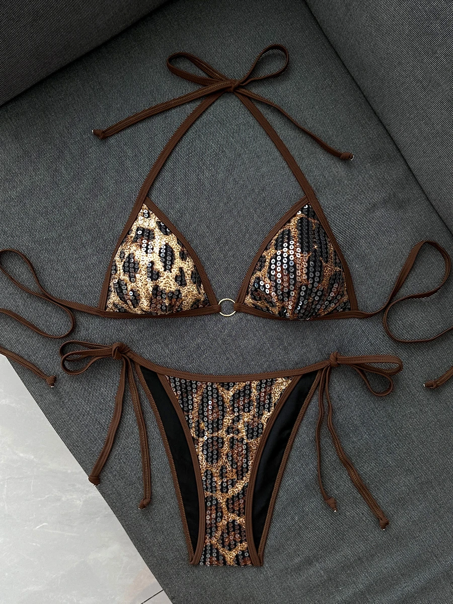 SHEIN Swim Set Bikini Halter Seksi Berbahan Payet untuk Wanita, Cocok untuk Pesta Liburan di Pantai - Coklat - View 1