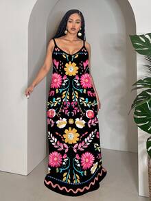 Veslaya Plus Size Women Summer Vacation Floral Print Textured Dress,Maxi Dress Suitable For Going Out Chic Dress - Black - View 5