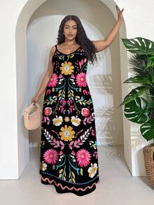 Veslaya Plus Size Women Summer Vacation Floral Print Textured Dress,Maxi Dress Suitable For Going Out Chic Dress - Black - View 3