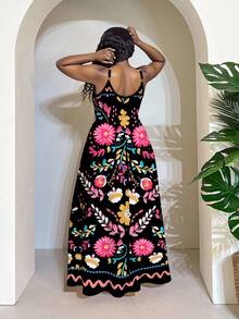 Veslaya Plus Size Women Summer Vacation Floral Print Textured Dress,Maxi Dress Suitable For Going Out Chic Dress - Black - View 2