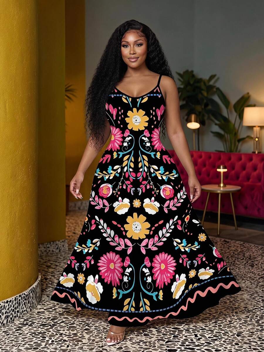 Veslaya Plus Size Women Summer Vacation Floral Print Textured Dress,Maxi Dress Suitable For Going Out Chic Dress - Black - View 1