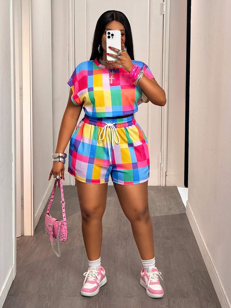 Veslaya Plus Size Women Yellow Summer 90s Traditional Western Wedding Guest Pride Month Plaid Round Neck Cropped T-Shirt Shorts Curvy Textured Two Pieces Set - Multicolor - View 7