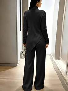 INAWLY Solva 女款純色長袖上衣與長褲休閒日常兩件套 - 黑色 - 查看 4