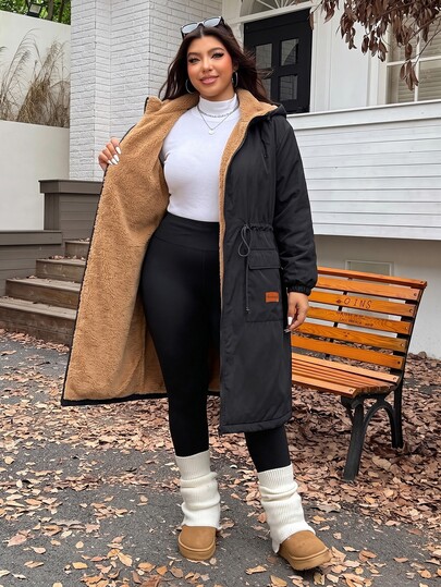 Muchica Plus-Size Zip-Up Fleece-Lined Mid-Length Hooded Coat Cinched Waist Pockets Autumn Winter Black Holiday Vacation Casual Cargo Capsule Baggy Homewear