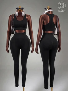 Mistrie Yoga Leggings Seamless High Stretch Tummy Control Sports Tights - Black - View 4