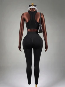 Mistrie Yoga Leggings Seamless High Stretch Tummy Control Sports Tights - Black - View 3