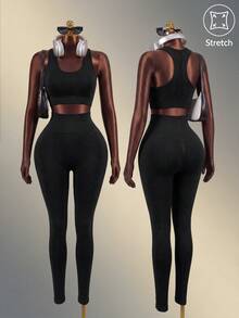 Mistrie Yoga Leggings Seamless High Stretch Tummy Control Sports Tights - Black - View 2