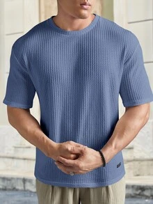 HIMLAND Loose Fit Men's Solid Waffle Knit Round Neck Casual T-Shirt, Vacation, Father's Day Gifts, Football - Dusty Blue - View 4