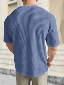 HIMLAND Loose Fit Men's Solid Waffle Knit Round Neck Casual T-Shirt, Vacation, Father's Day Gifts, Football - Dusty Blue - View 3