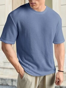 HIMLAND Loose Fit Men's Solid Waffle Knit Round Neck Casual T-Shirt, Vacation, Father's Day Gifts, Football - Dusty Blue - View 6