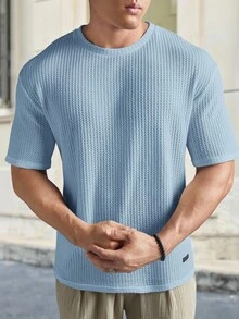HIMLAND Loose Men Solid Waffle Knit Round Neck Casual T-Shirt, Summer, Couple Things, Vacation, Father's Day Gifts, Football - Baby Blue - View 4