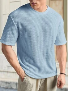 HIMLAND Loose Men Solid Waffle Knit Round Neck Casual T-Shirt, Summer, Couple Things, Vacation, Father's Day Gifts, Football - Baby Blue - View 6