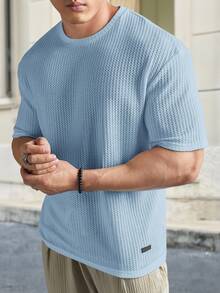 HIMLAND Loose Men Solid Waffle Knit Round Neck Casual T-Shirt, Summer, Couple Things, Vacation, Father's Day Gifts, Football - Baby Blue - View 2