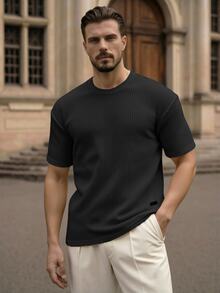 HIMLAND Loose Fit Men's Solid Waffle Knit T-Shirt, Vacation, Father's Day Gifts, Football - Black - View 11