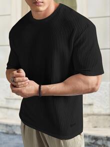 HIMLAND Loose Fit Men's Solid Waffle Knit T-Shirt, Vacation, Father's Day Gifts, Football - Black - View 3