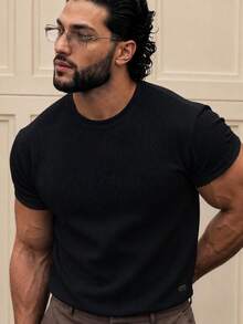 HIMLAND Loose Fit Men's Solid Waffle Knit T-Shirt, Vacation, Father's Day Gifts, Football - Black - View 2