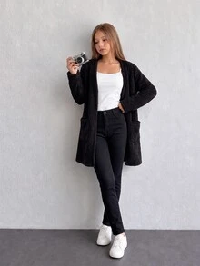 SHEIN جاكيت كاجوال متوسط الطول مبطن حراري سميك للخريف/الشتاء للفتيات المراهقات - الأسود - مشاهدة 7