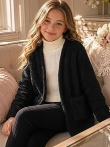 SHEIN جاكيت كاجوال متوسط الطول مبطن حراري سميك للخريف/الشتاء للفتيات المراهقات - الأسود - مشاهدة 1