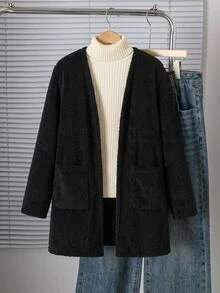 SHEIN جاكيت كاجوال متوسط الطول مبطن حراري سميك للخريف/الشتاء للفتيات المراهقات - الأسود - مشاهدة 2