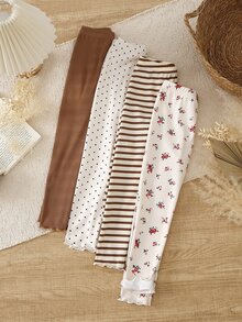SHEIN 女童緊身褲4件組，夏季仙女風花卉條紋波點修身長褲，甜美透氣高腰修身長褲套裝，棕色紫色 - 彩色 - 查看 5
