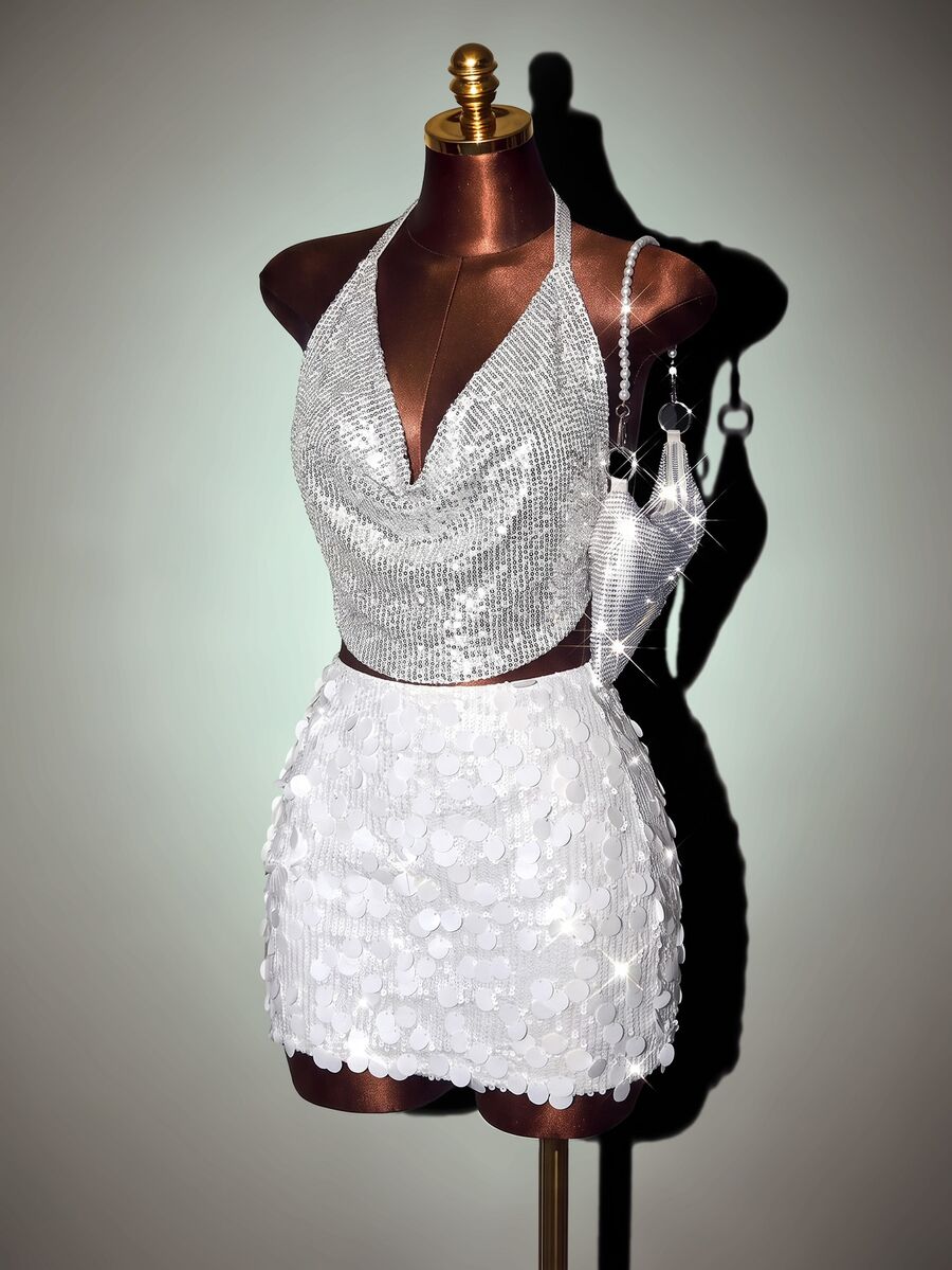Mistrie Women Sequin Decor White Mini Skirt, For Summer For Holiday Party Clothes - White - View 1