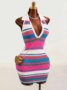 Mistrie Women's Colorful Striped Lapel Neck Fitted Short Knitted Mini Dress - Red and White - View 1