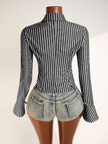 Mistrie Blusa de moda sexy con diseño de abertura y manga larga a rayas para mujer - Blanco y Negro - Ver 2