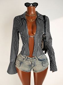 Mistrie Blusa de moda sexy con diseño de abertura y manga larga a rayas para mujer - Blanco y Negro - Ver 7