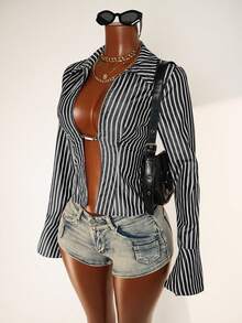 Mistrie Blusa de moda sexy con diseño de abertura y manga larga a rayas para mujer - Blanco y Negro - Ver 5