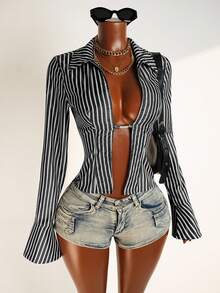 Mistrie Blusa de moda sexy con diseño de abertura y manga larga a rayas para mujer - Blanco y Negro - Ver 6