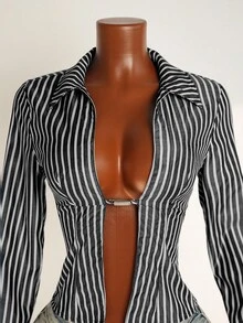 Mistrie Blusa de moda sexy con diseño de abertura y manga larga a rayas para mujer - Blanco y Negro - Ver 4