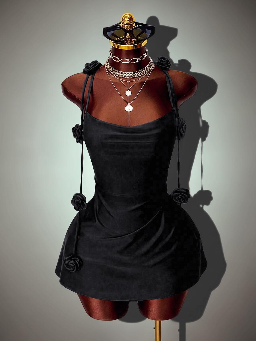 Mistrie Black Summer 70s Club Party Red Dress,Bodycon Mini Dress With 3D Rose Decor, Open Back Ruched Cocktail Dress For Date,Banquet - Black - View 1