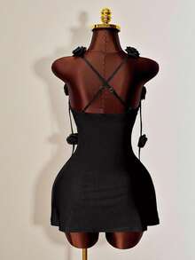 Mistrie Black Summer 70s Club Party Red Dress,Bodycon Mini Dress With 3D Rose Decor, Open Back Ruched Cocktail Dress For Date,Banquet - Black - View 2