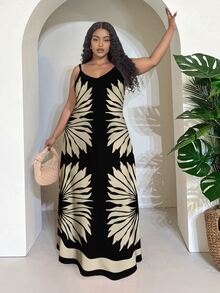 Veslaya Plus Size Women's Floral Print Spaghetti Strap Vacation Dress - Black - View 5