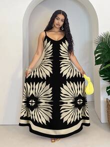 Veslaya Plus Size Women's Floral Print Spaghetti Strap Vacation Dress - Black - View 3