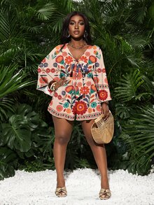 Veslaya Plus Size Floral Print Long Sleeve Jumpsuit, Suitable For Summer Fall - Beige - View 4