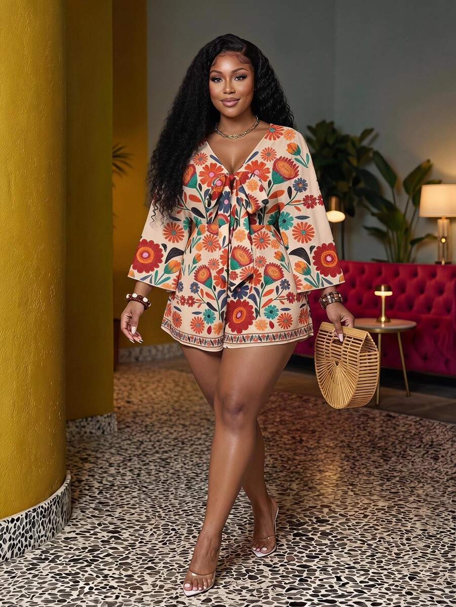 Veslaya Plus Size Floral Print Long Sleeve Jumpsuit, Suitable For Summer Fall - Beige - View 1