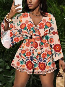 Veslaya Plus Size Floral Print Long Sleeve Jumpsuit, Suitable For Summer Fall - Beige - View 3