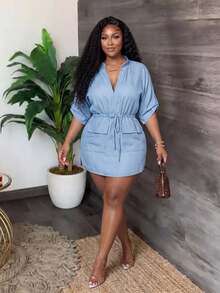 Veslaya Plus Size Solid Color V-Neck Drawstring Waist Mini Dress, Suitable For Party & Elegant Commuting, Summer - Baby Blue - View 1