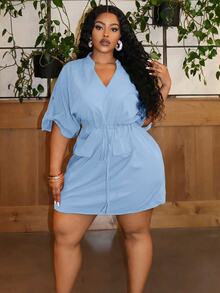 Veslaya Plus Size Solid Color V-Neck Drawstring Waist Mini Dress, Suitable For Party & Elegant Commuting, Summer - Baby Blue - View 6