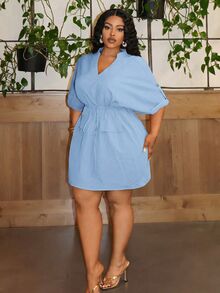 Veslaya Plus Size Solid Color V-Neck Drawstring Waist Mini Dress, Suitable For Party & Elegant Commuting, Summer - Baby Blue - View 3