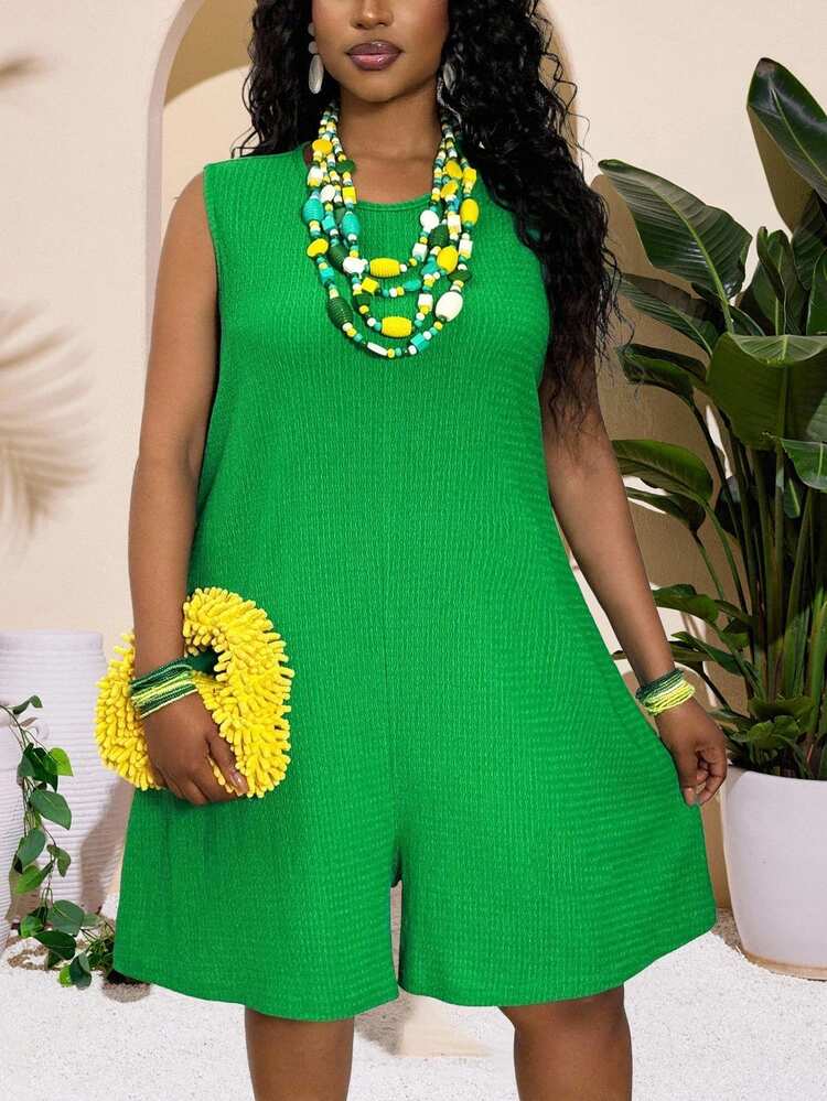 Veslaya New Fashion Versatile Casual Baggy All-Match Sexy Back Bow Halter Textured Fabric Plus Size Women Romper Jumpsuit Vacation Mint Green Summer - Green - View 10