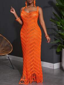 Veslaya Plus Size Summer Sleeveless Hollow Sheer Maxi Fitted Dress For Vacation - Burnt Orange - View 7