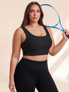 SHEIN Rhythm Era Plus Solid High Support Sports Bra - Black - View 4