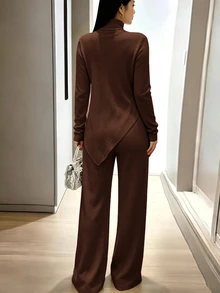 INAWLY Solva 女款純色長袖上衣與長褲休閒日常兩件套 - 咖啡棕 - 查看 4