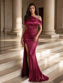 Coutiva Women's Satin Knit Bubble Bead Embellished Short Sleeve Fitted Formal Evening Gown, Party Dress, Wedding Guest Dress, Long Evening Dress - Burgundy - View 2