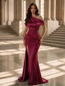 Coutiva Women's Satin Knit Bubble Bead Embellished Short Sleeve Fitted Formal Evening Gown, Party Dress, Wedding Guest Dress, Long Evening Dress - Burgundy - View 1