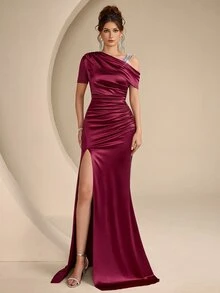Coutiva Women's Satin Knit Bubble Bead Embellished Short Sleeve Fitted Formal Evening Gown, Party Dress, Wedding Guest Dress, Long Evening Dress - Burgundy - View 3