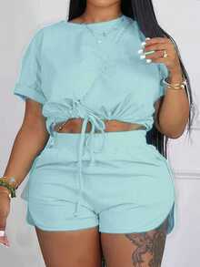 Veslaya Slayr Plus Size Solid Color Drawstring Slit Two Pieces Outfits, Summer - Mint Green - View 5