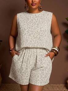 Veslaya Plus Size Women's Leopard Print Round Neck Tank Top And Shorts Casual Sexy Formal Set Vacation White Summer - Multicolor - View 4